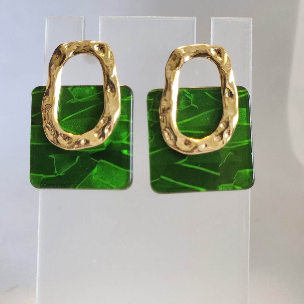 Green‎ Resin Square Gold Hammered Oval Geometric Drop Statement Earrings Womens